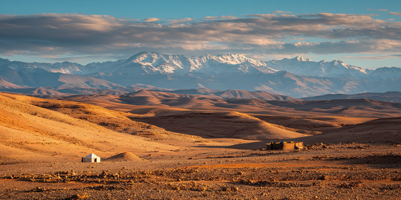 Agafay Desert landscape with Atlas Mountains