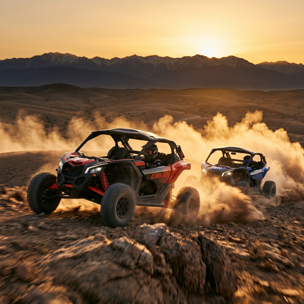 Buggy au coucher du soleil dans le désert d'Agafay