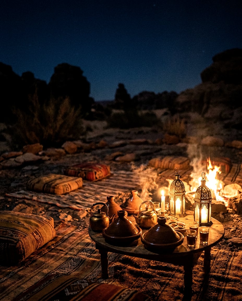 Table basse marocaine dressée à la lueur des lanternes et d'un feu, tapis et coussins sur le sol pierreux