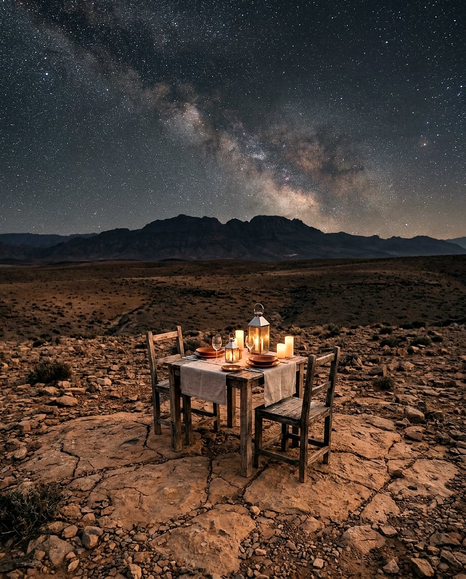 Petite table dressée pour deux, éclairée aux lanternes, seule sur le désert de pierre sous un ciel étoilé